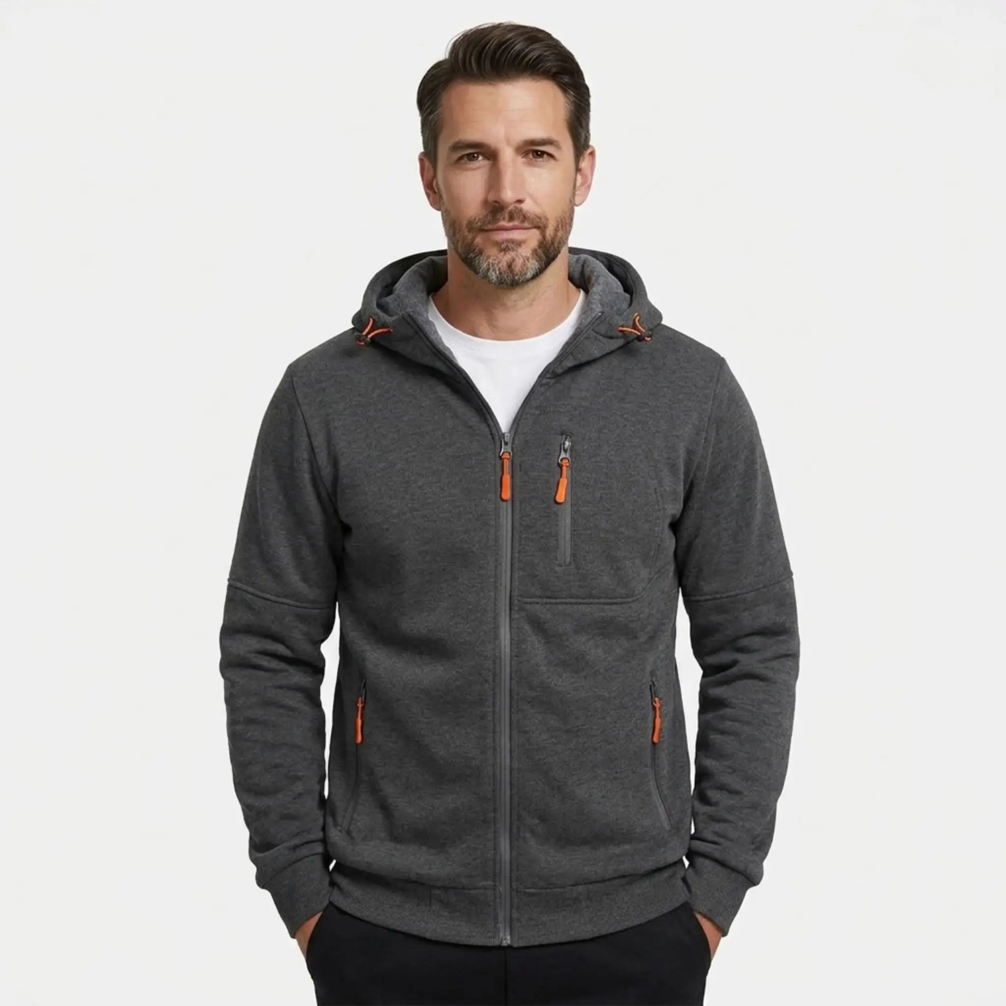 MannerCo men's dark grey zip-up fleece hoodie, front view with orange zip accents