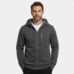 MannerCo men's dark grey zip-up fleece hoodie, front view with orange zip accents