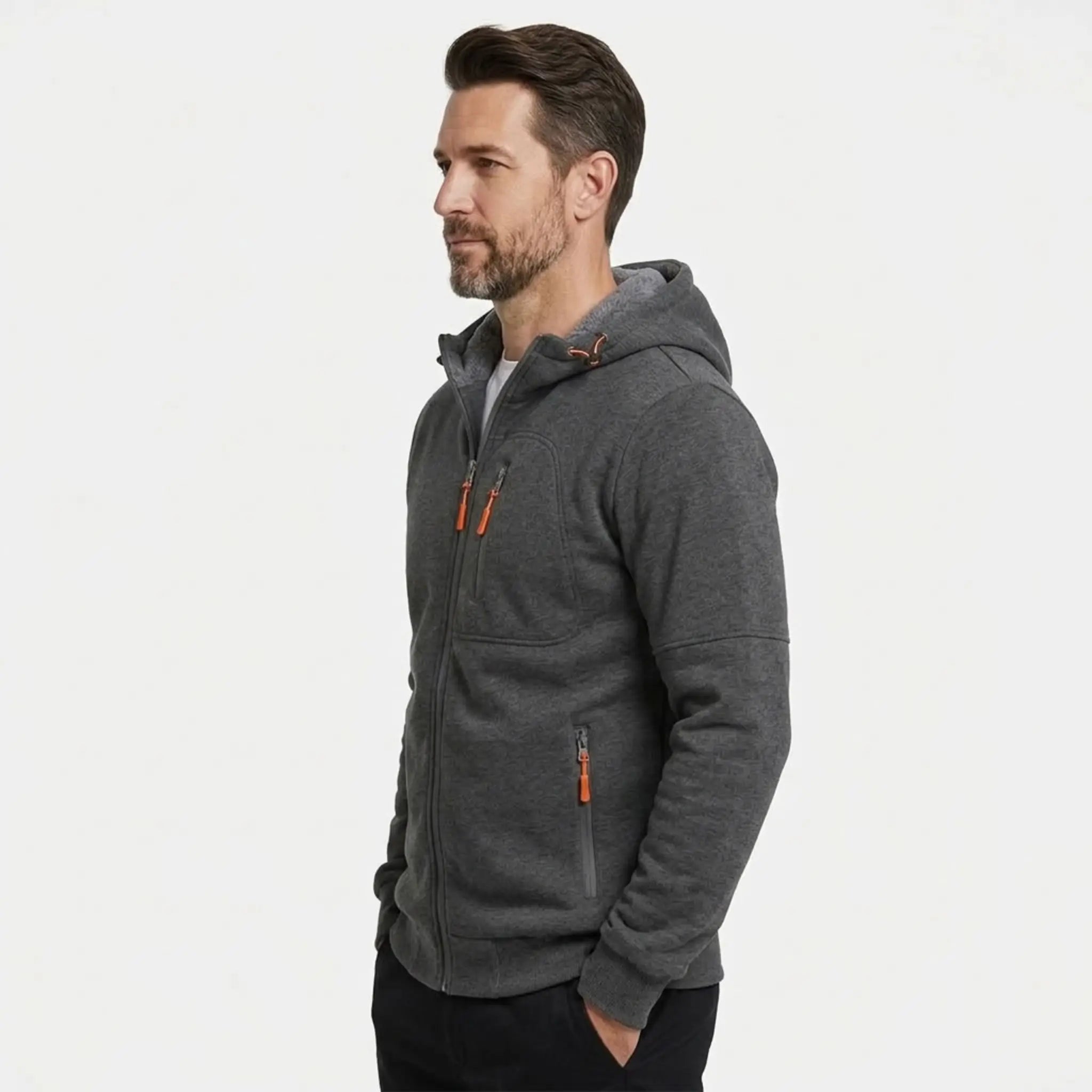 MannerCo men's dark grey zip-up fleece hoodie, side view