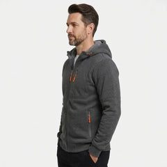 MannerCo men's dark grey zip-up fleece hoodie, side view
