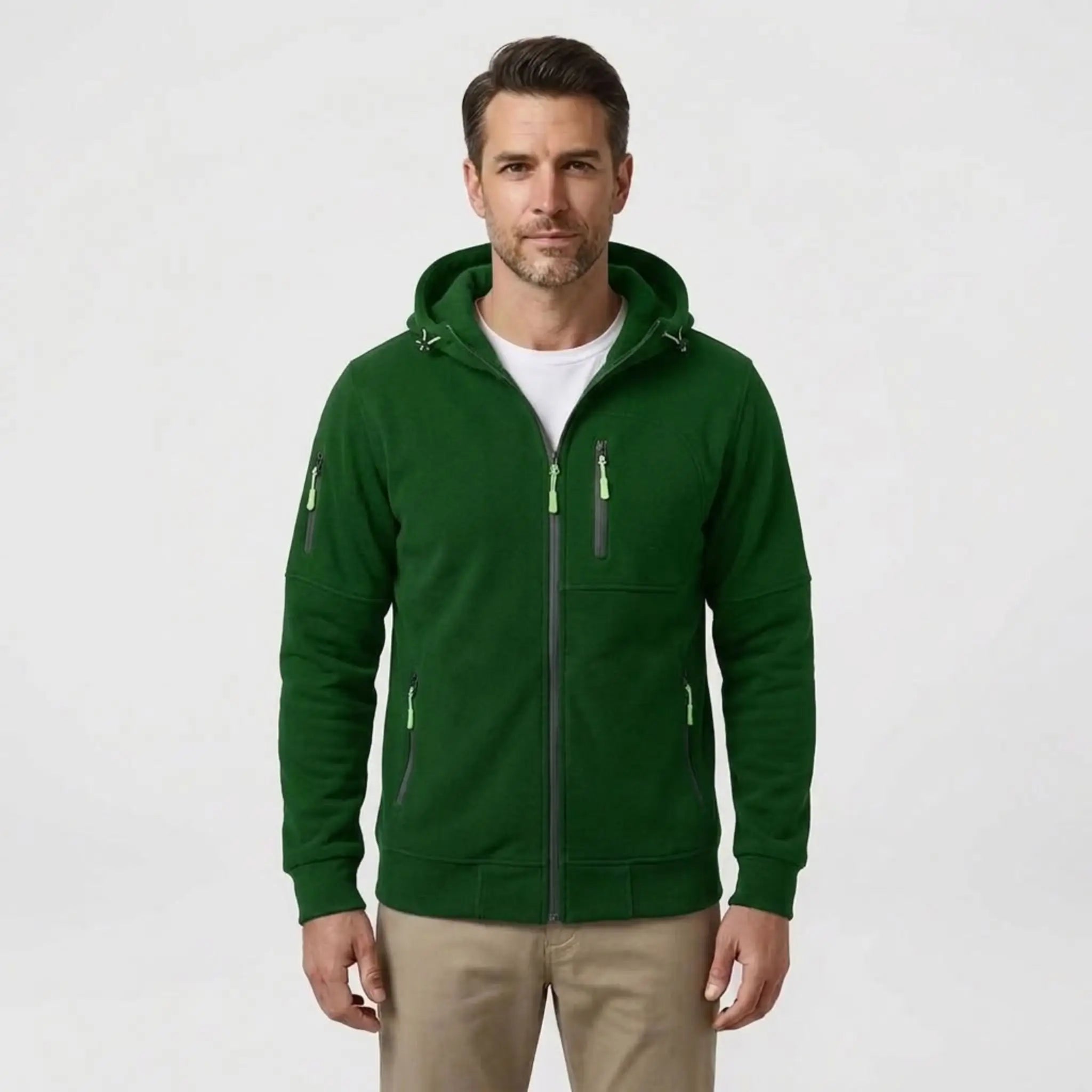MannerCo men's green zip-up fleece hoodie, front view with beige chinos