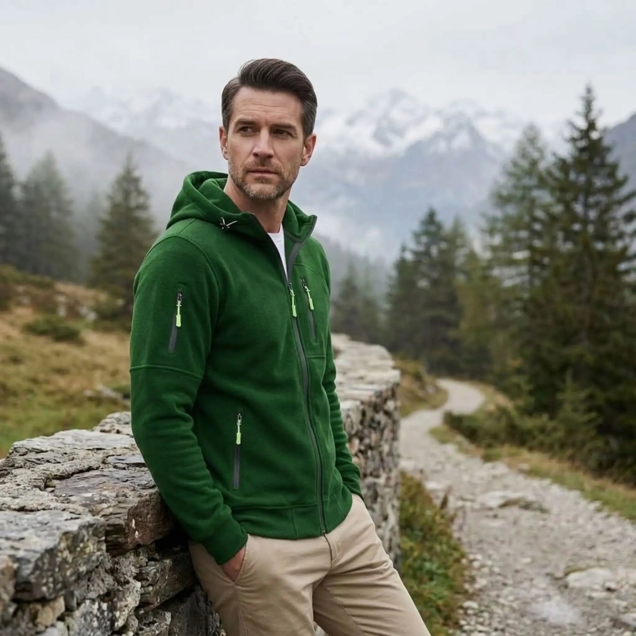 MannerCo green fleece hoodie worn on a mountain path with snowy peaks