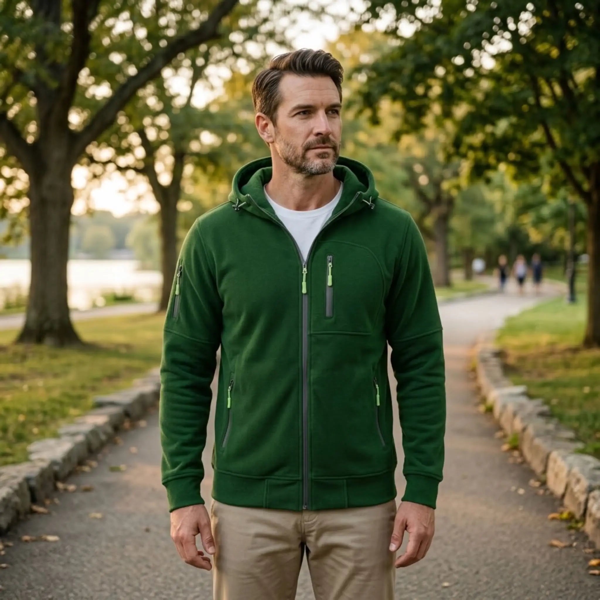 MannerCo green fleece hoodie worn on a tree-lined park path
