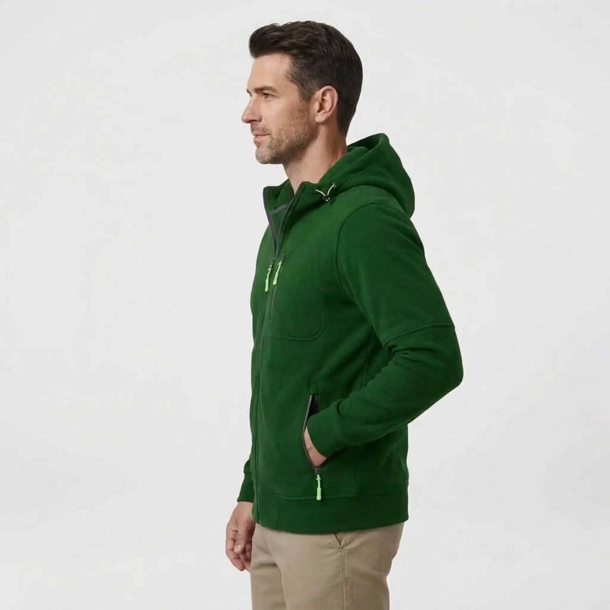 MannerCo men's green zip-up fleece hoodie, side view