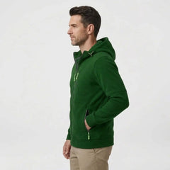 MannerCo men's green zip-up fleece hoodie, side view