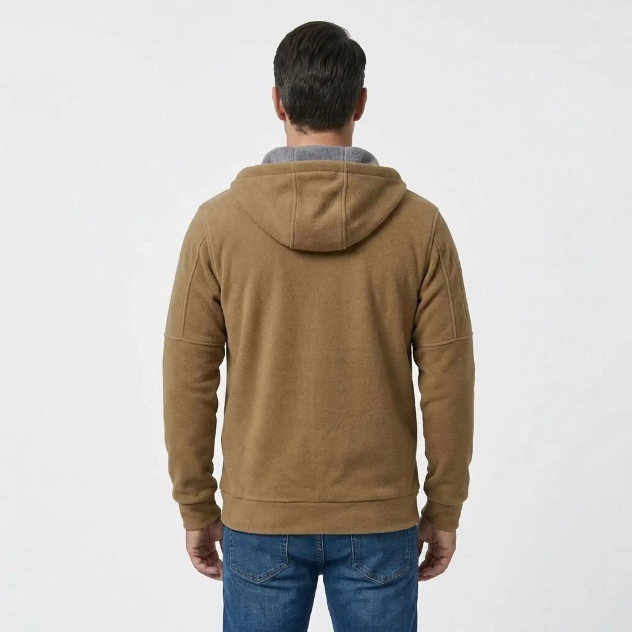 MannerCo men's khaki zip-up fleece hoodie, back view