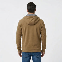 MannerCo men's khaki zip-up fleece hoodie, back view
