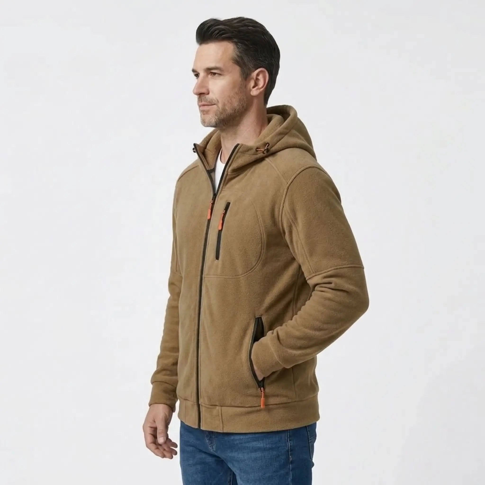 MannerCo men's khaki zip-up fleece hoodie, side view