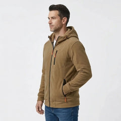 MannerCo men's khaki zip-up fleece hoodie, side view