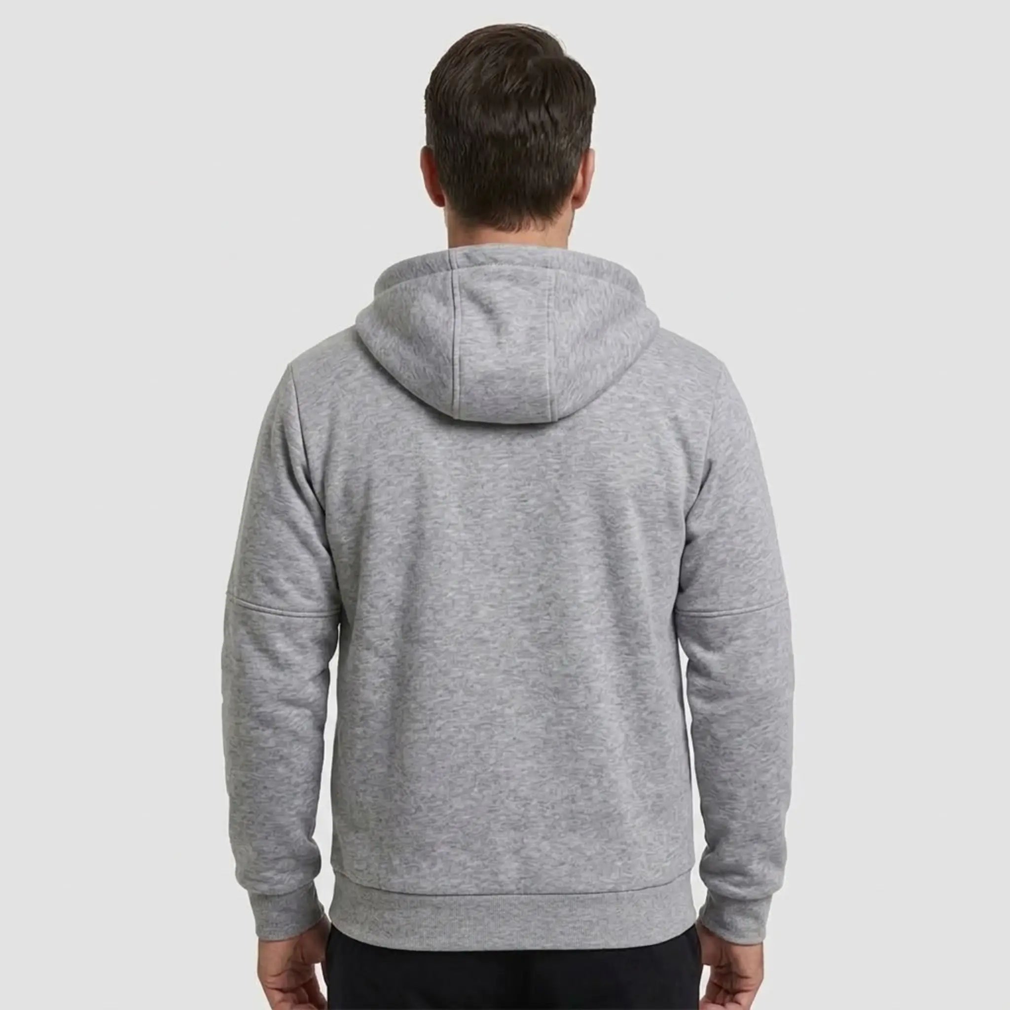 MannerCo men's light grey zip-up fleece hoodie, back view