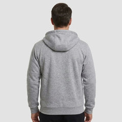 MannerCo men's light grey zip-up fleece hoodie, back view