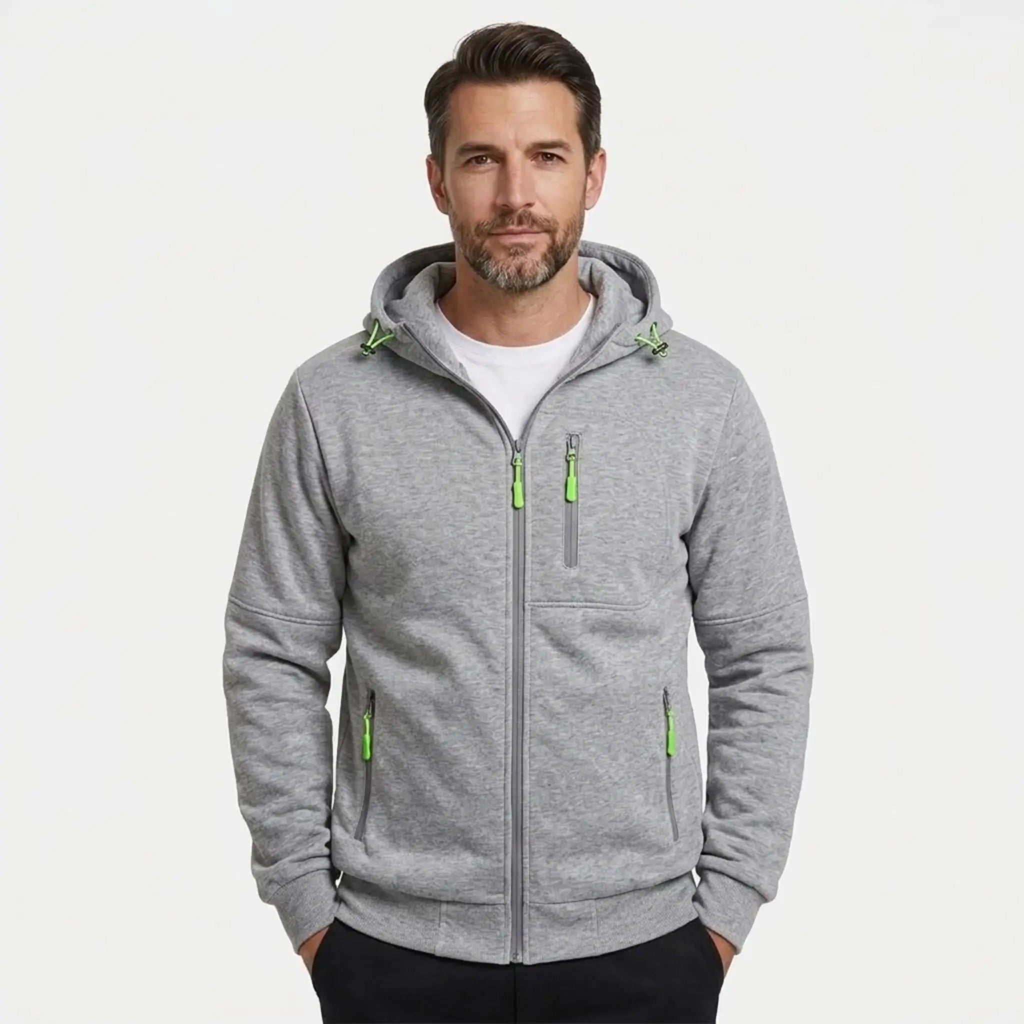 MannerCo men's light grey zip-up fleece hoodie, front view with green zip accents