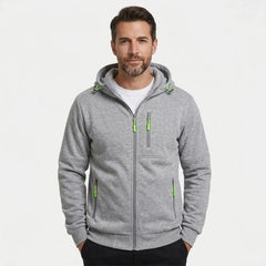 MannerCo men's light grey zip-up fleece hoodie, front view with green zip accents