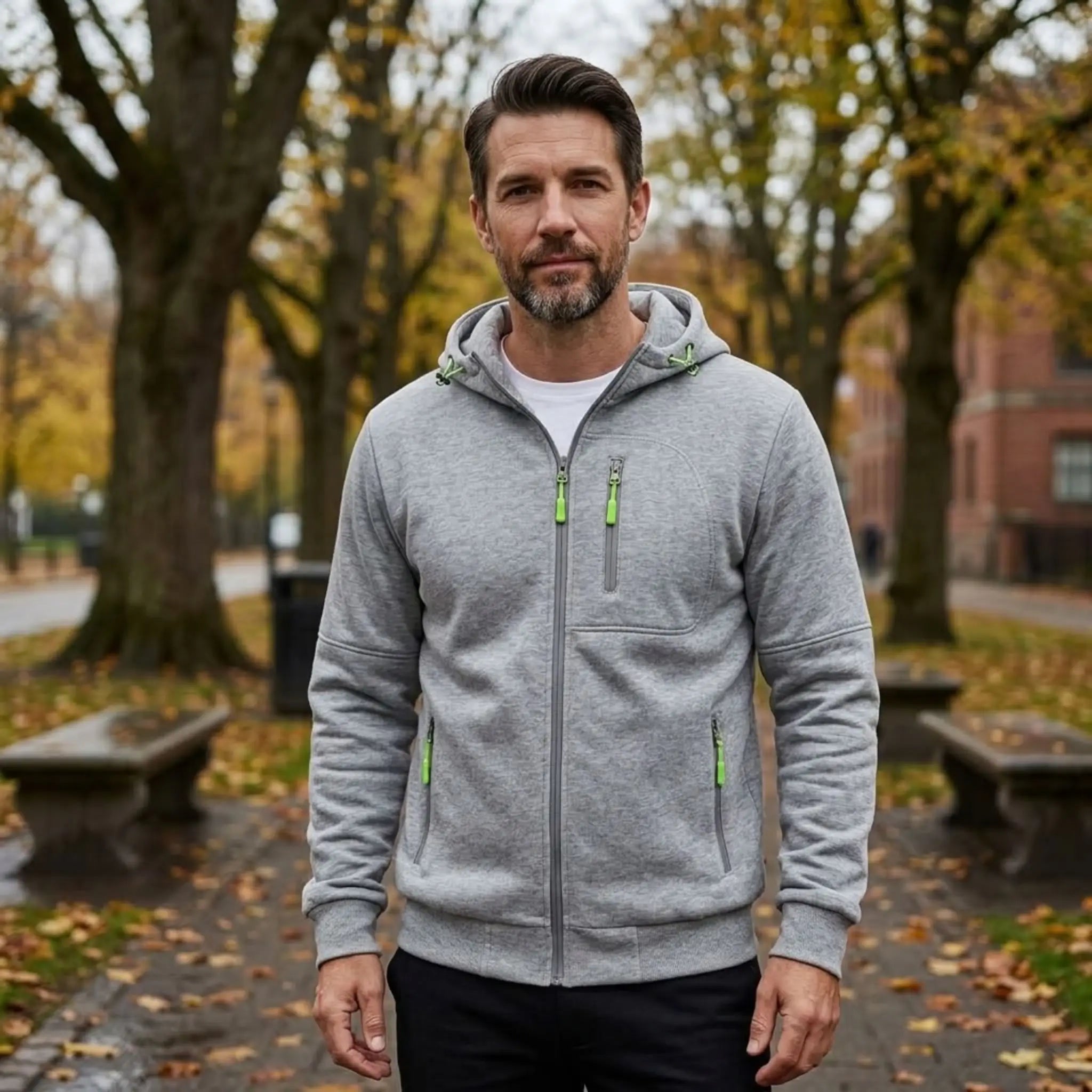 MannerCo light grey fleece hoodie worn in an autumn park