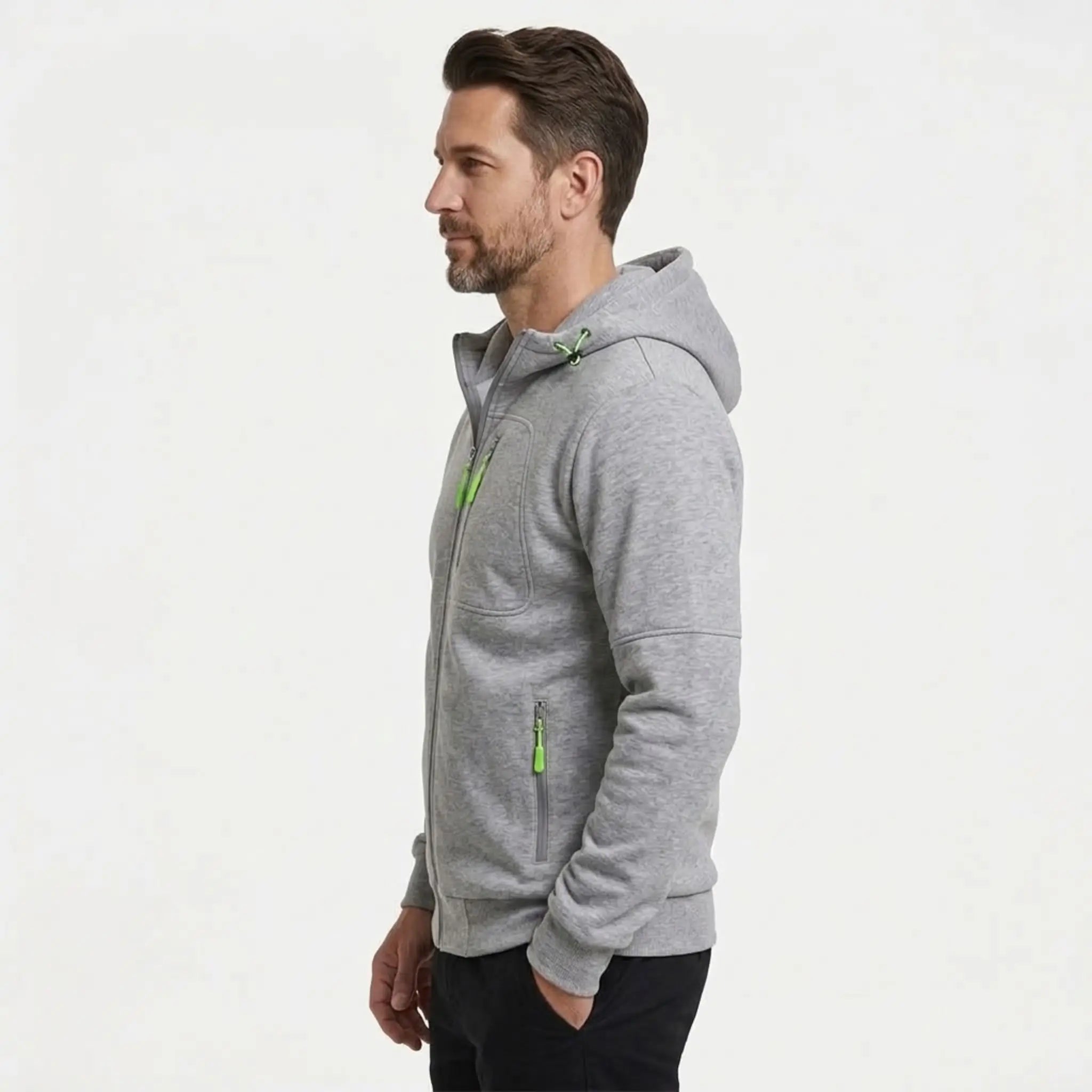 MannerCo men's light grey zip-up fleece hoodie, side view