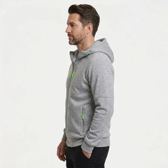 MannerCo men's light grey zip-up fleece hoodie, side view