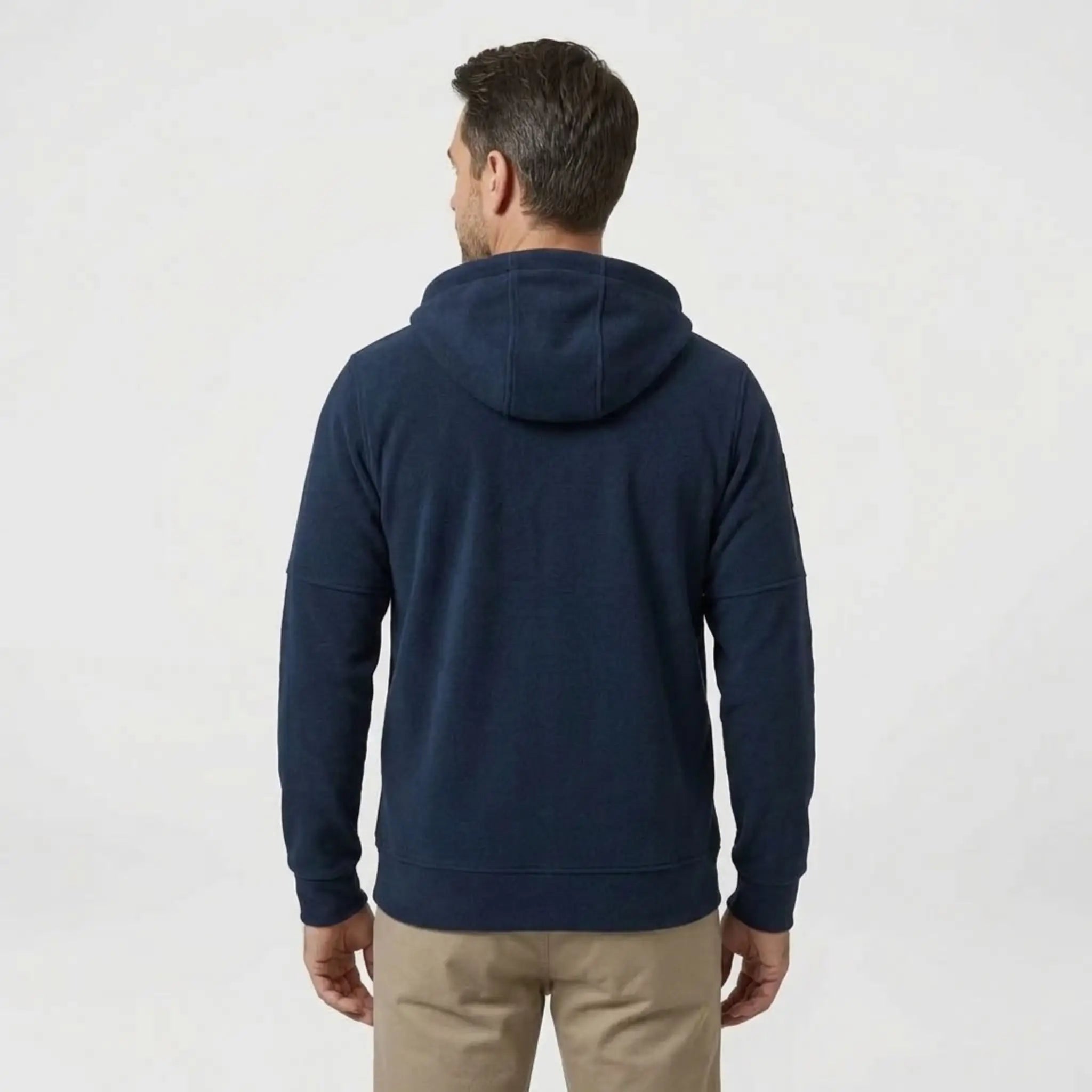 MannerCo men's navy blue zip-up fleece hoodie, back view