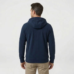 MannerCo men's navy blue zip-up fleece hoodie, back view