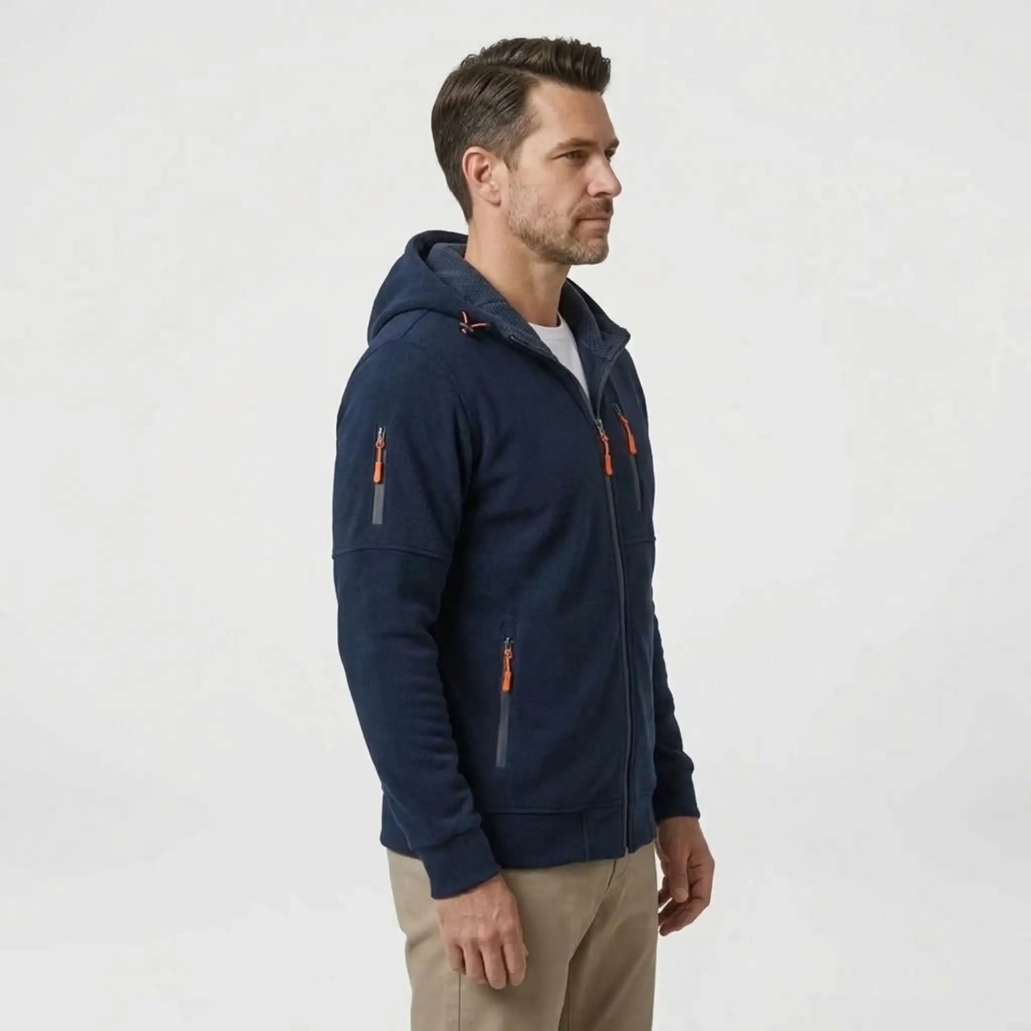 MannerCo men's navy blue zip-up fleece hoodie, side view