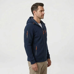 MannerCo men's navy blue zip-up fleece hoodie, side view