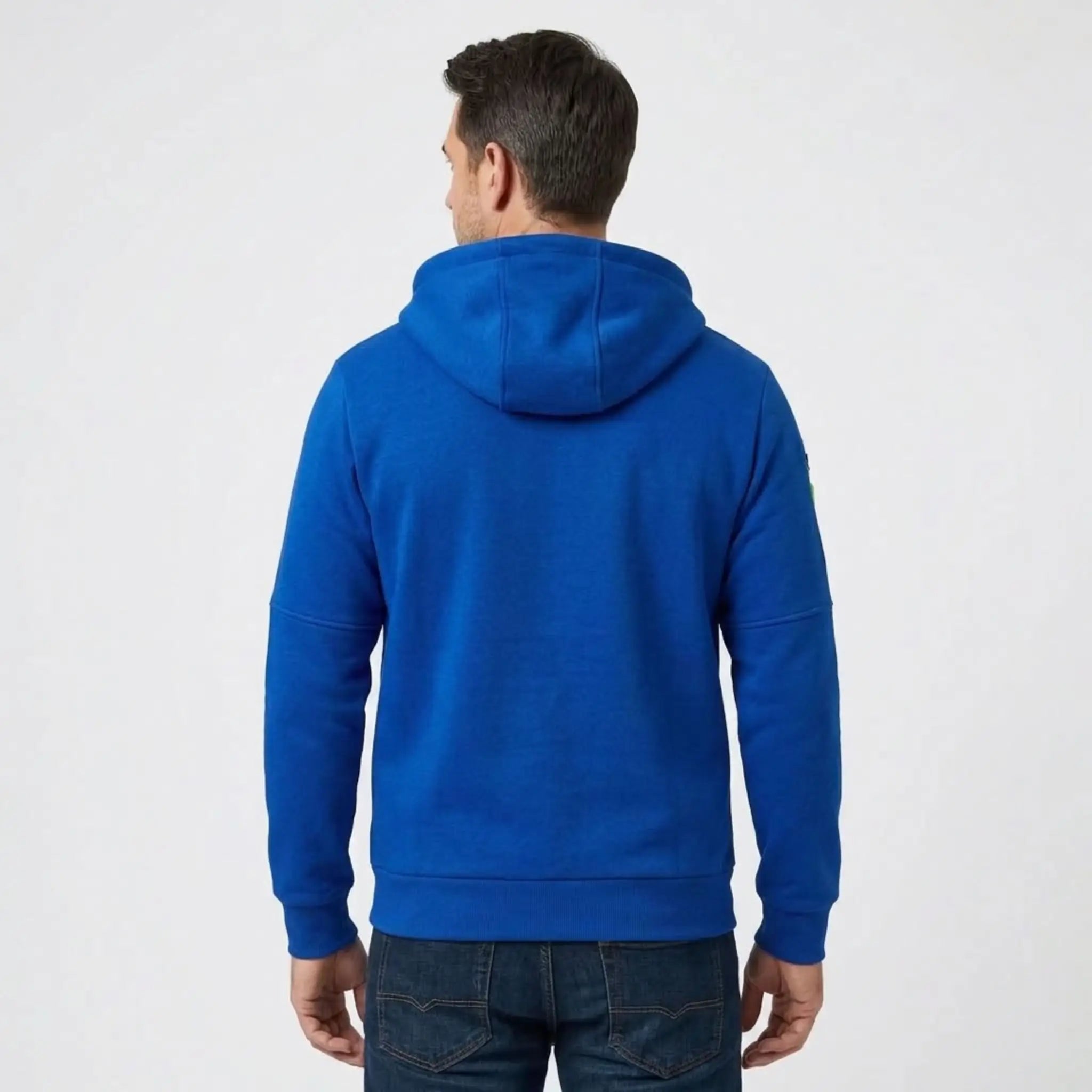 MannerCo men's royal blue zip-up fleece hoodie, back view
