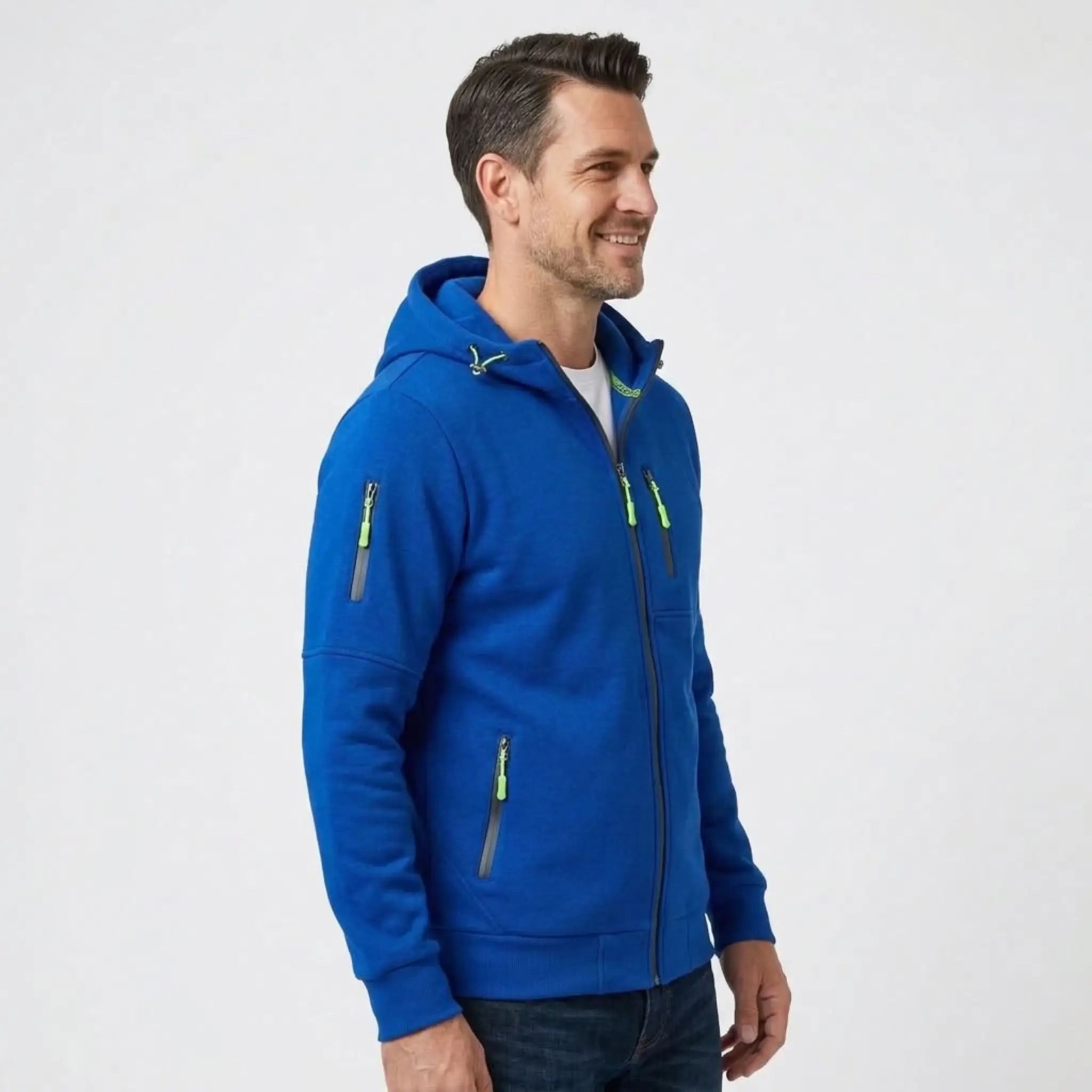 MannerCo men's royal blue zip-up fleece hoodie, side view