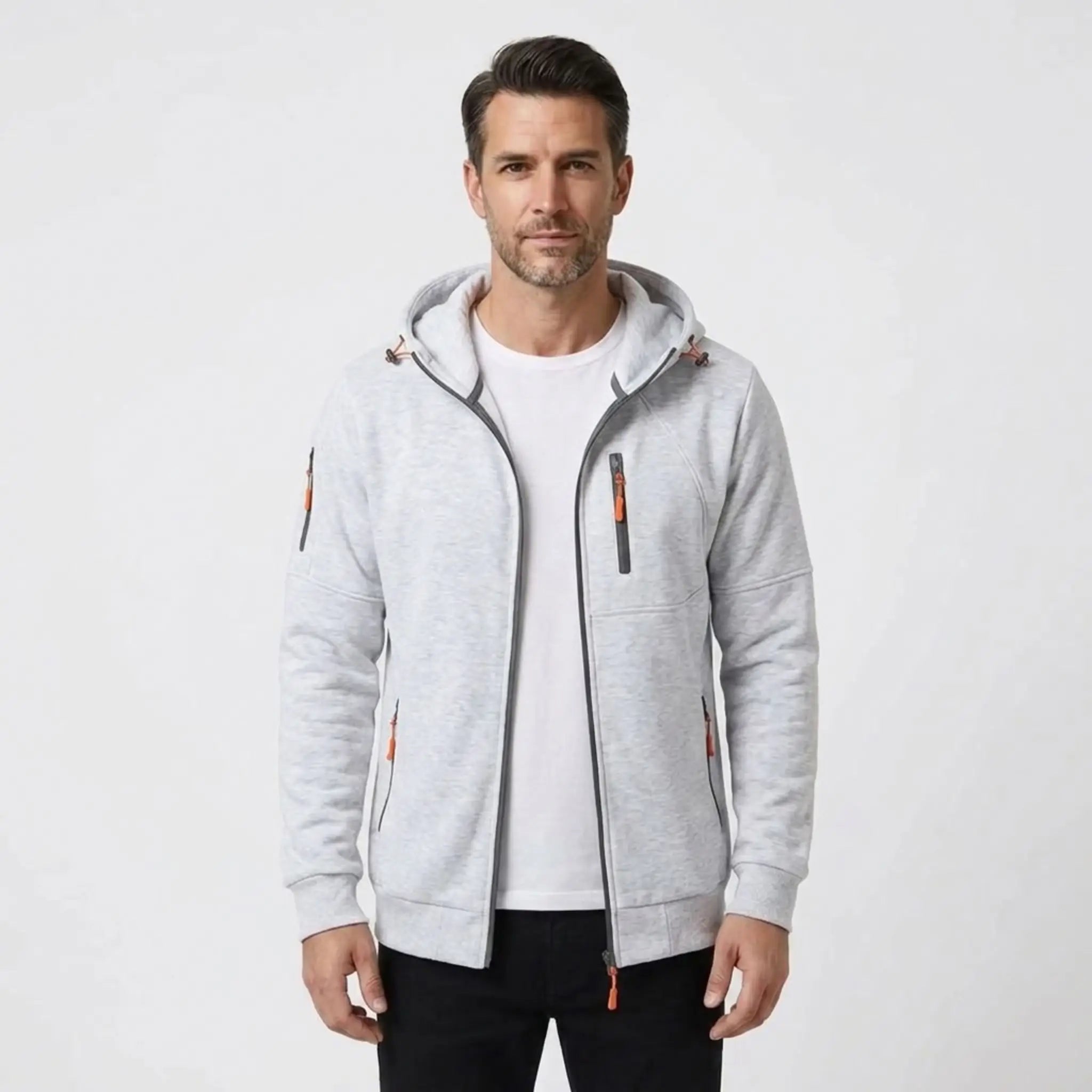 MannerCo men's white zip-up fleece hoodie, front view with orange zip accents
