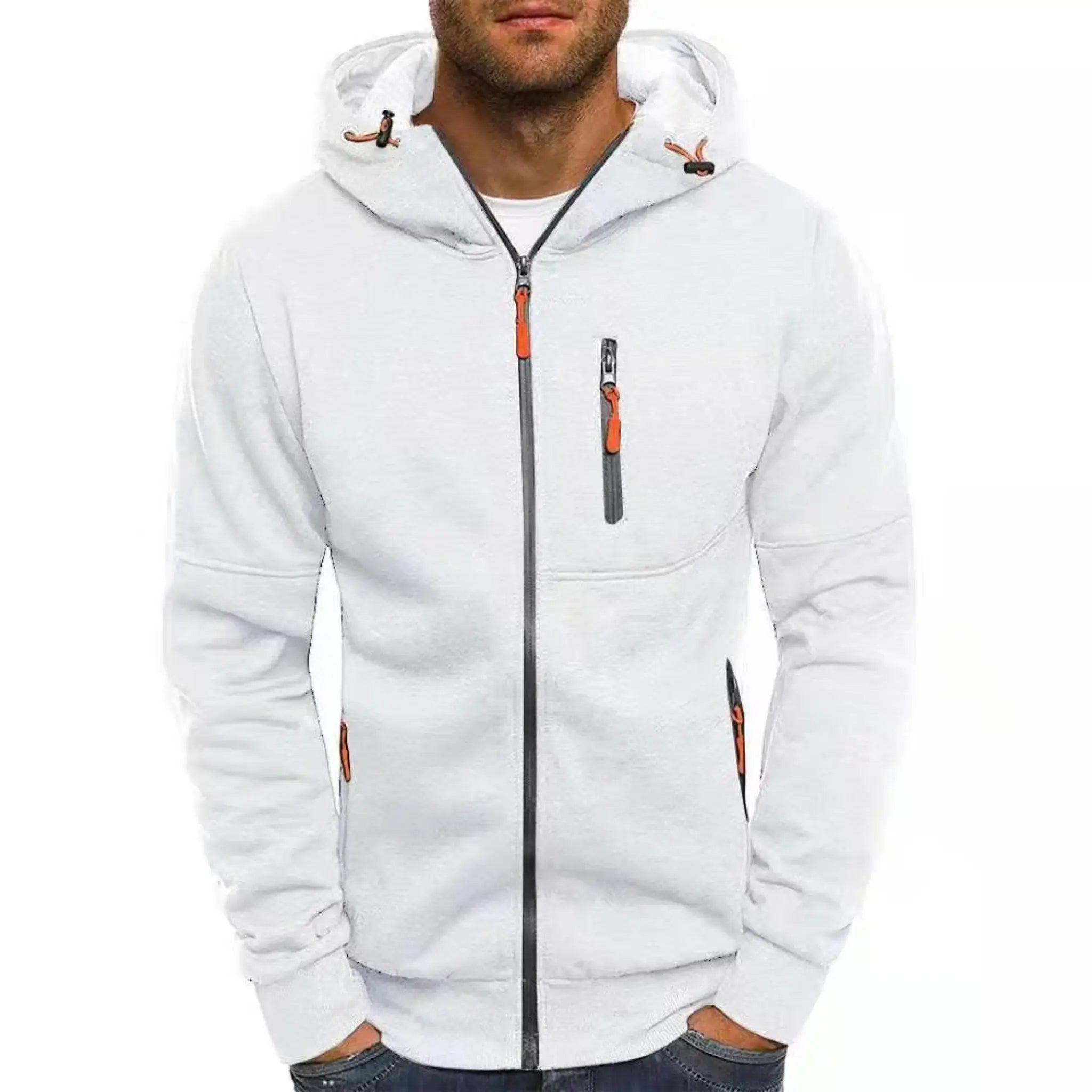 MannerCo white zip-up fleece hoodie close-up showing full zip and chest pocket