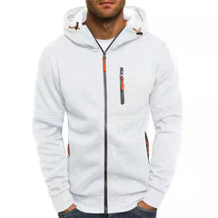 MannerCo white zip-up fleece hoodie close-up showing full zip and chest pocket