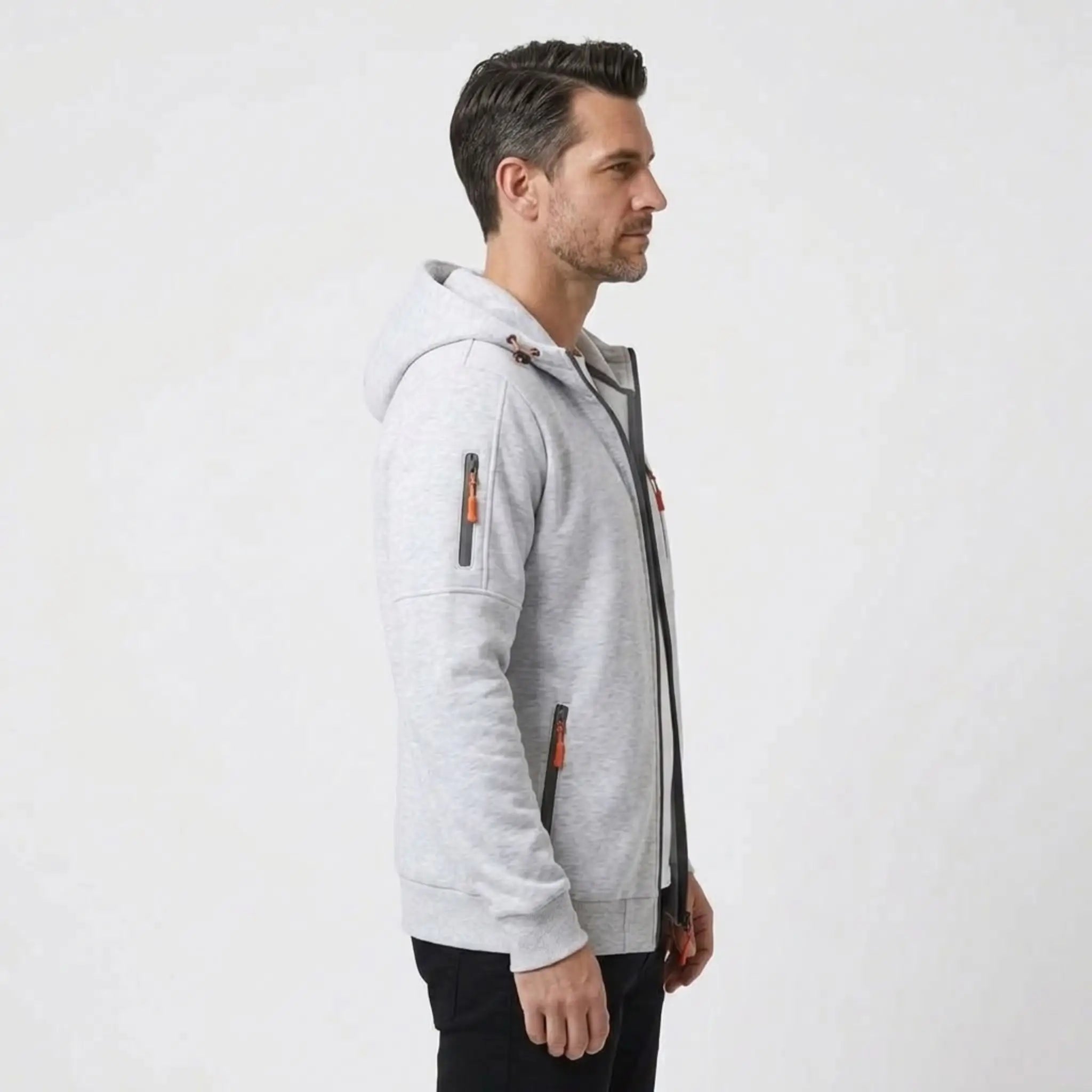MannerCo men's white zip-up fleece hoodie, side view