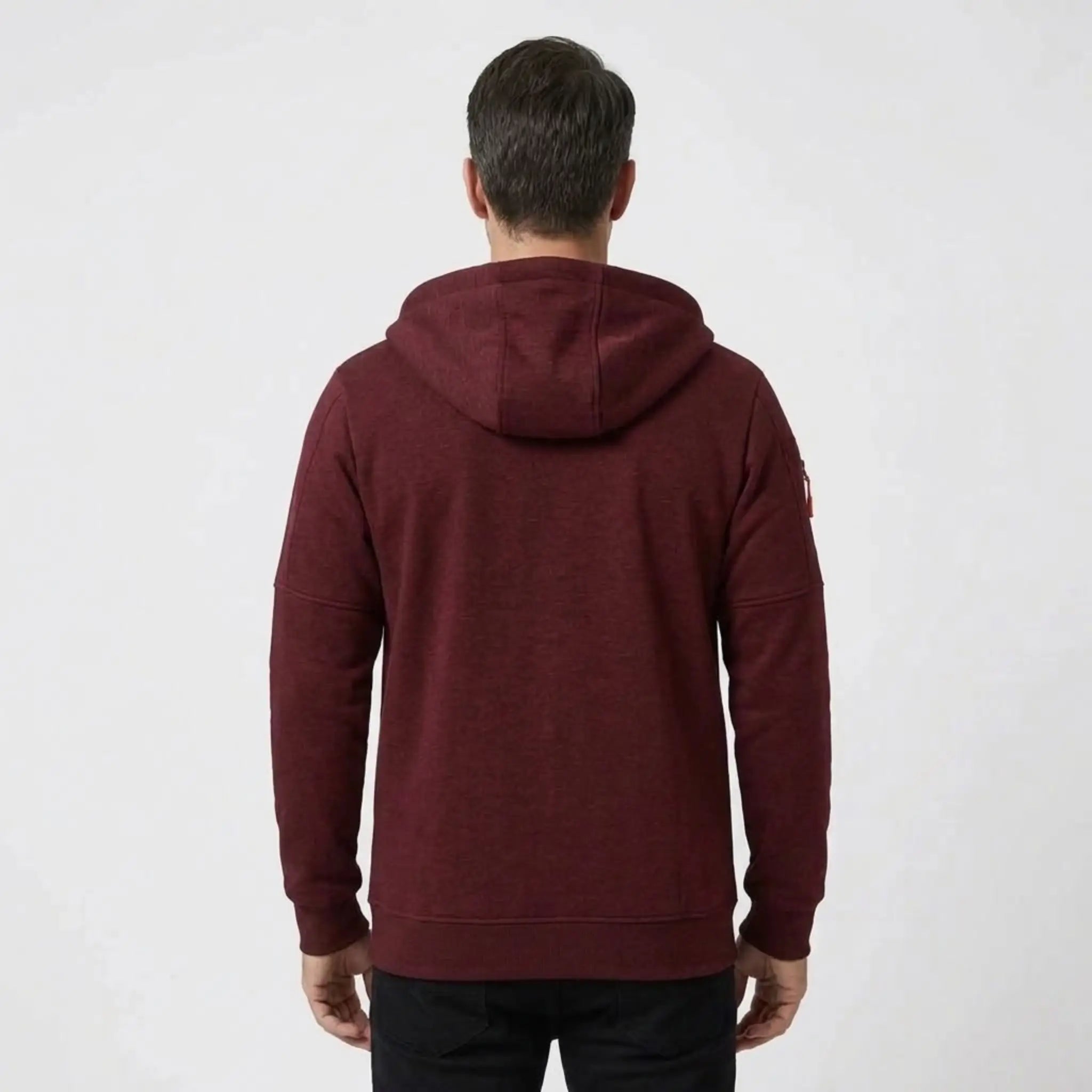 MannerCo men's wine red zip-up fleece hoodie, back view