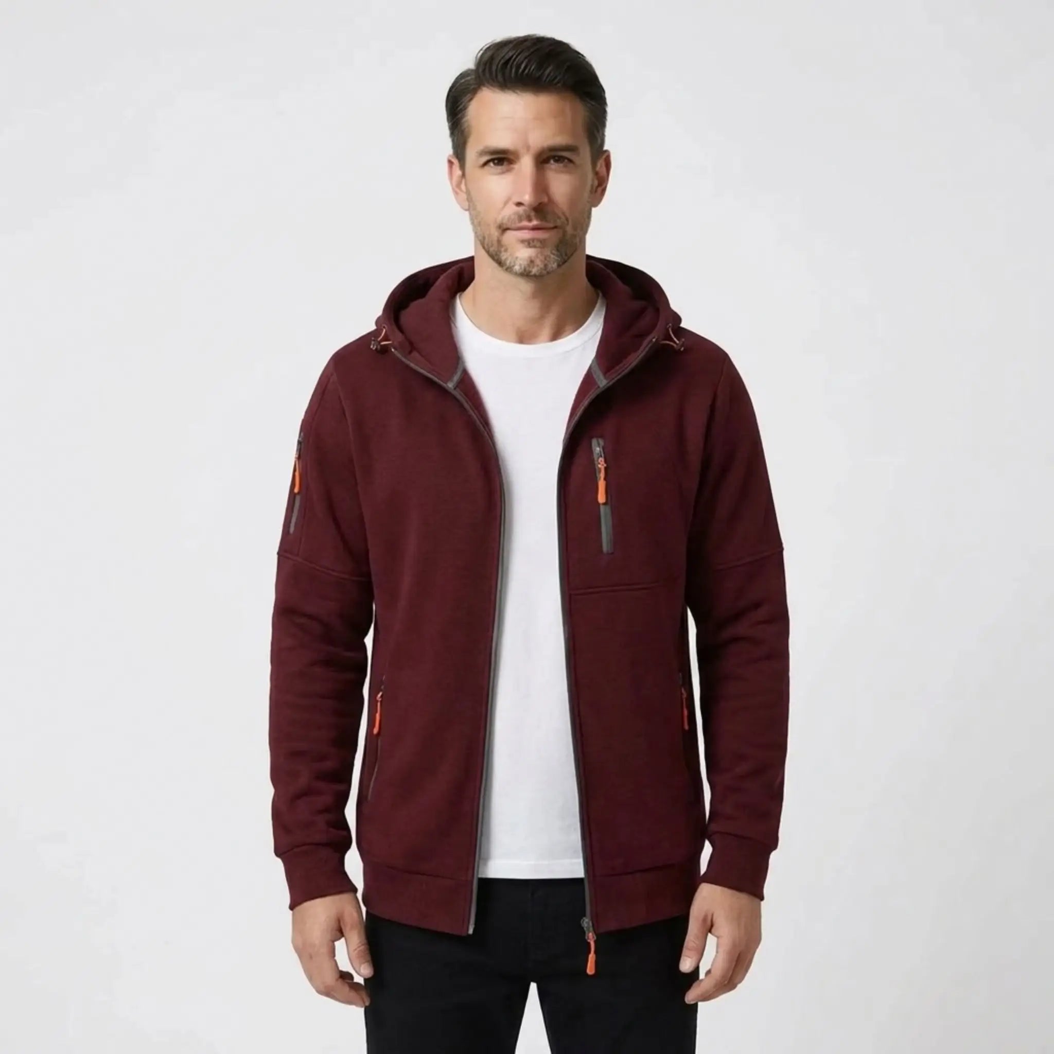 MannerCo men's wine red zip-up fleece hoodie, front view over white tee