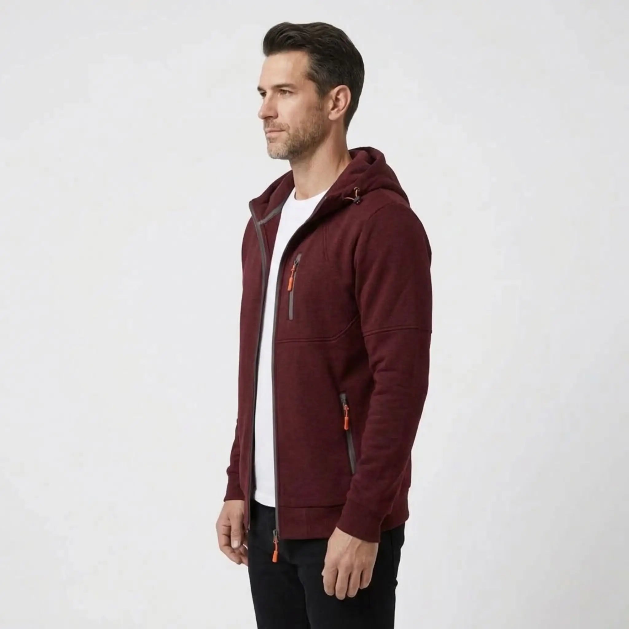 MannerCo men's wine red zip-up fleece hoodie, side view
