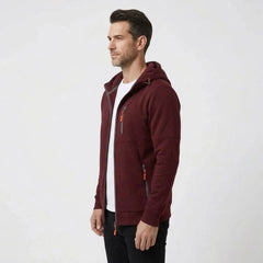 MannerCo men's wine red zip-up fleece hoodie, side view