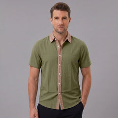 MannerCo military green linen blend short sleeve shirt with contrast paisley collar and button placket, front view