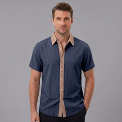 MannerCo navy blue contrast collar linen blend short sleeve casual shirt, front view on male model