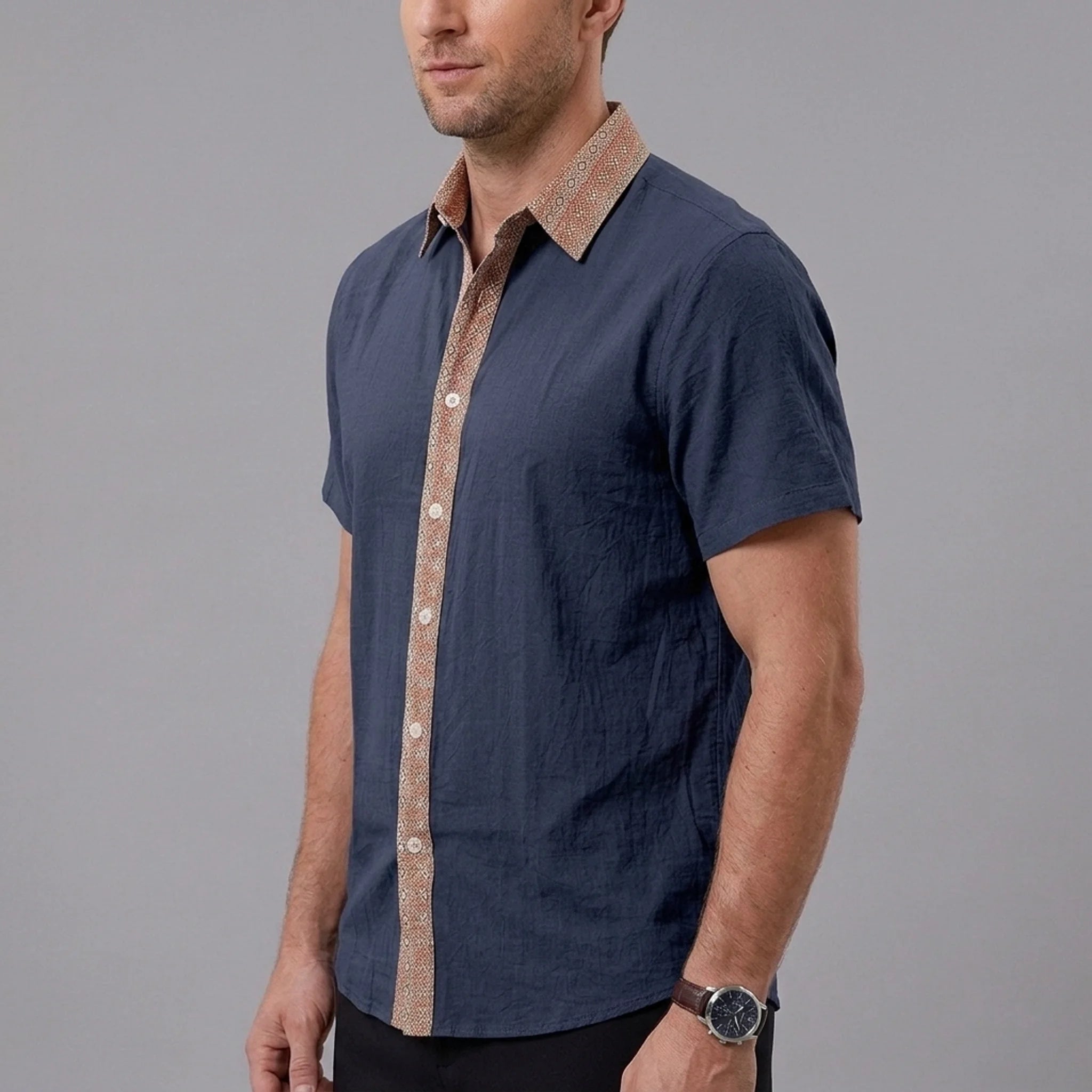 MannerCo navy blue linen blend short sleeve shirt with contrast collar and button placket, side view