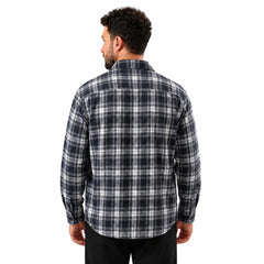 MannerCo navy blue plaid long sleeve shirt back view on male model