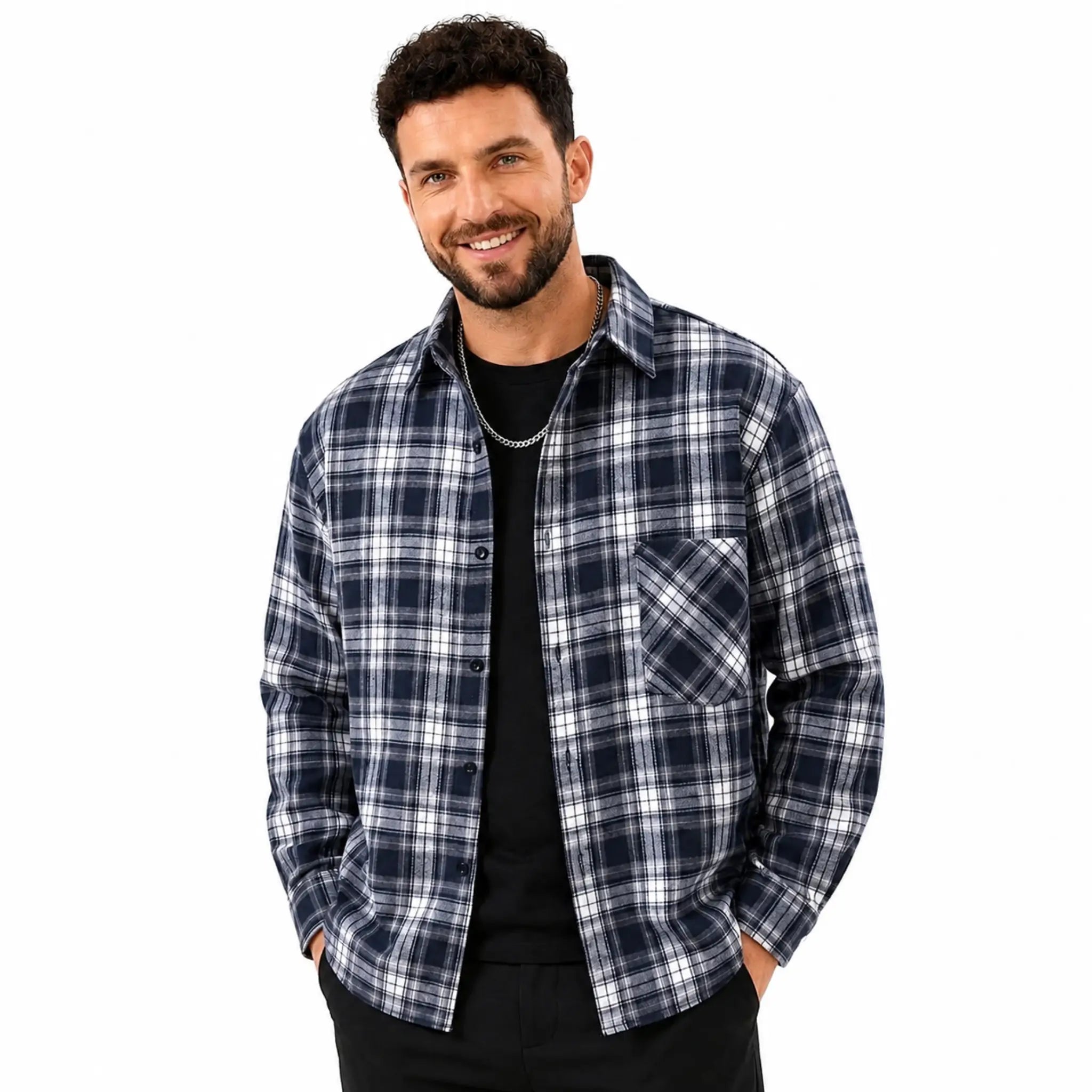 MannerCo navy blue plaid flannel shirt worn open over black tee relaxed fit long sleeve