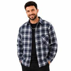 MannerCo navy blue plaid flannel shirt worn open over black tee relaxed fit long sleeve