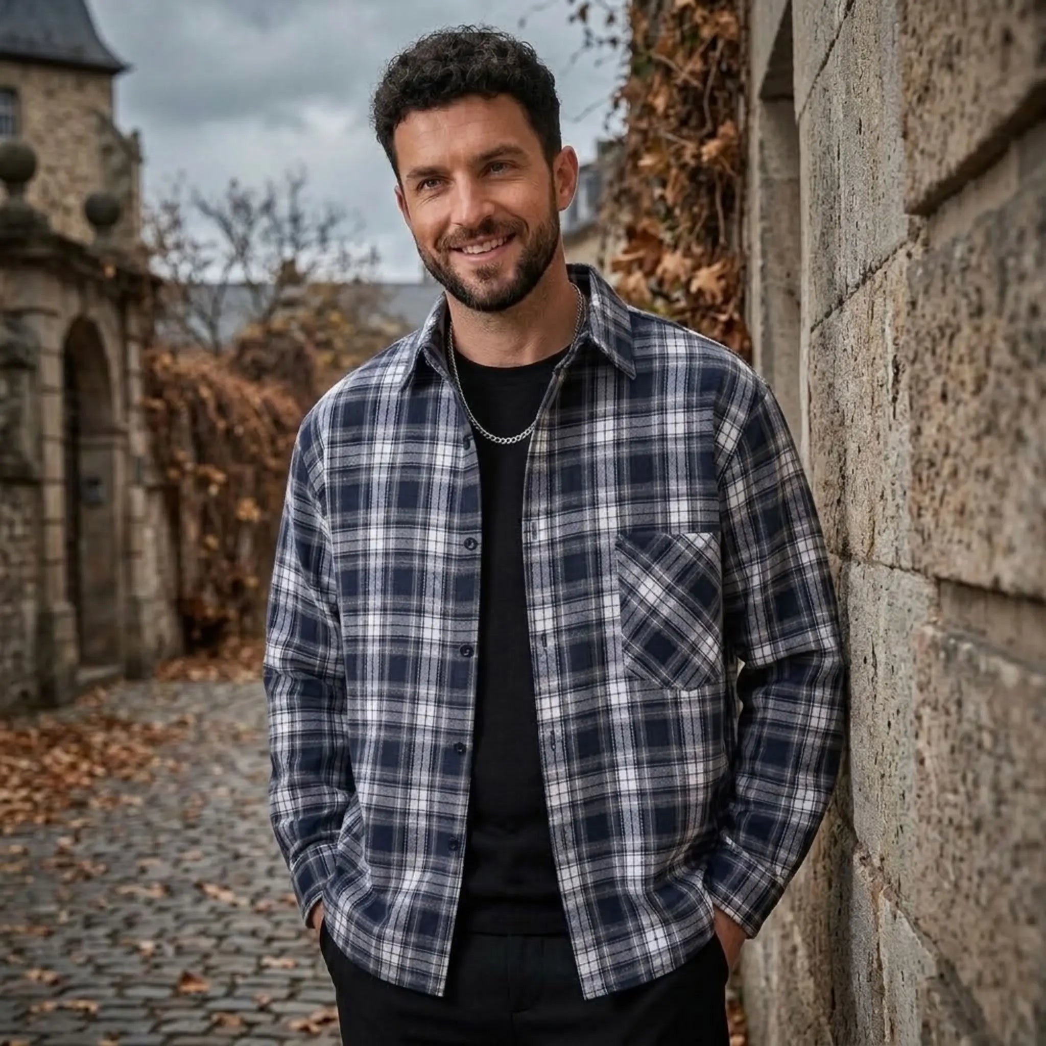 MannerCo navy blue plaid lapel shirt relaxed fit worn outdoors on male model