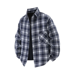 MannerCo navy blue plaid lapel shirt long sleeve single-breasted relaxed fit product display