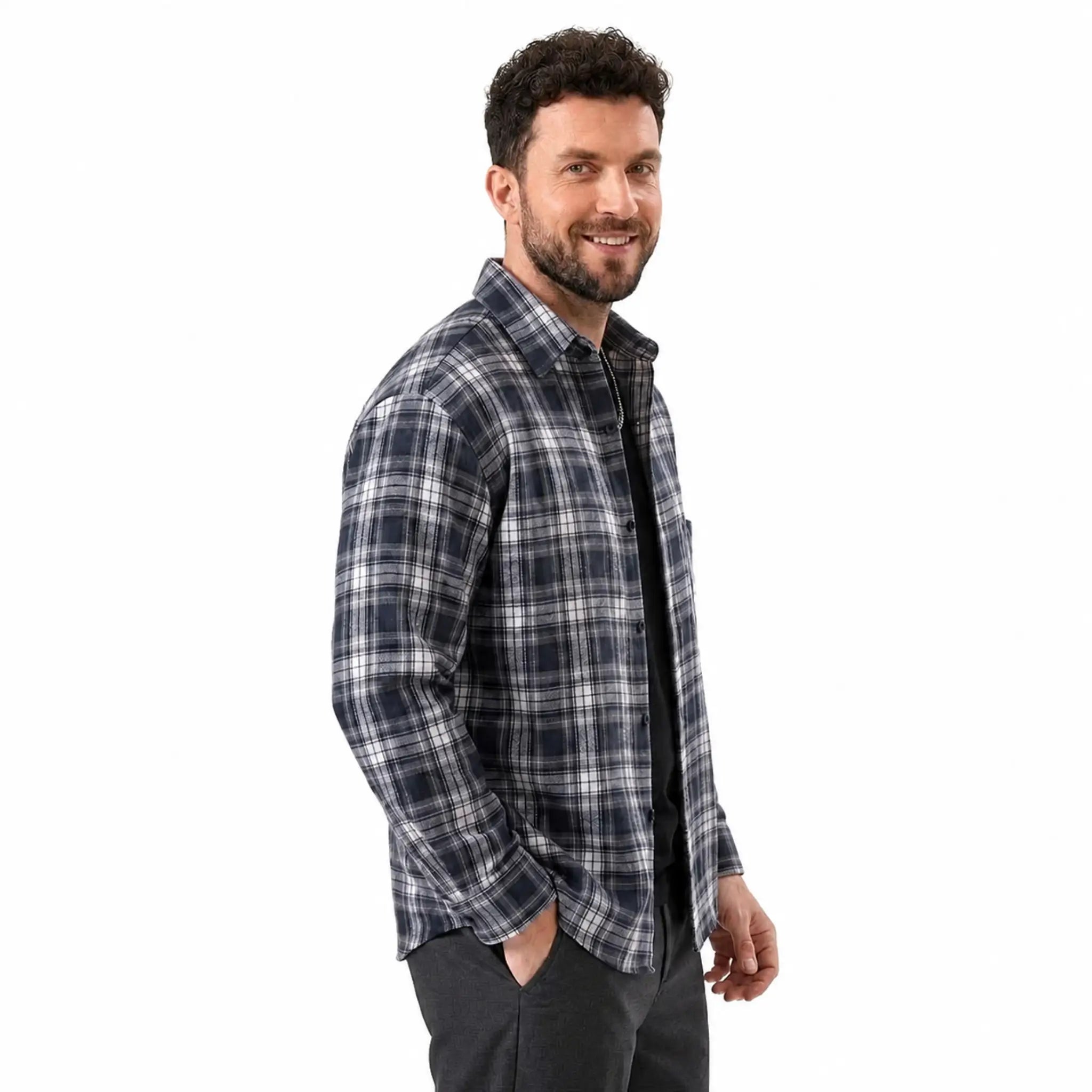 MannerCo navy blue plaid flannel shirt side view long sleeve relaxed fit on male model