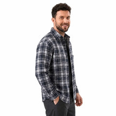 MannerCo navy blue plaid flannel shirt side view long sleeve relaxed fit on male model