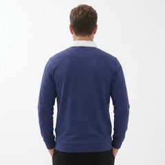 MannerCo navy blue polo collar hoodie back view loose fit with white collar detail