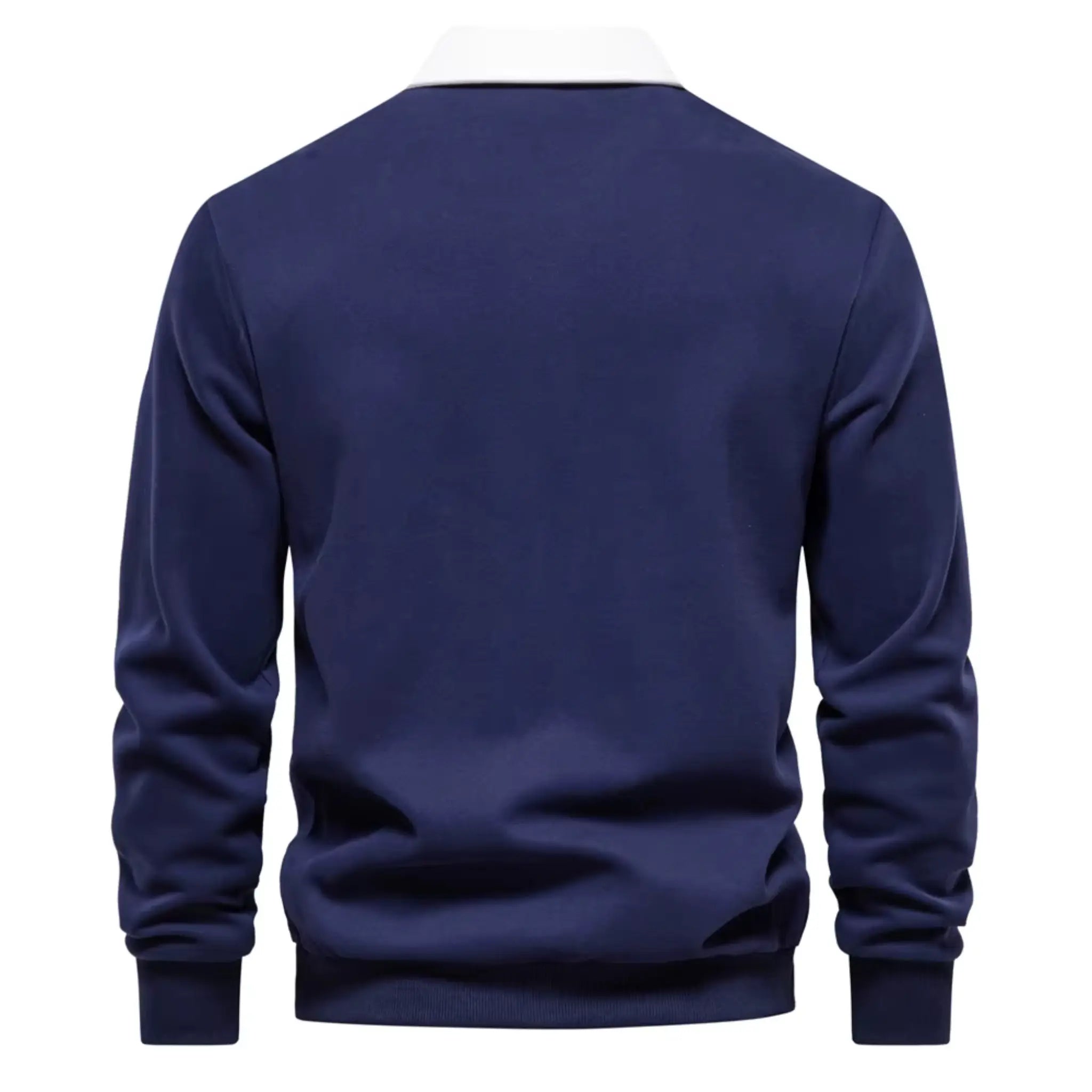 MannerCo navy blue polo collar hoodie back view with white collar and ribbed cuffs