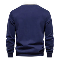MannerCo navy blue polo collar hoodie back view with white collar and ribbed cuffs