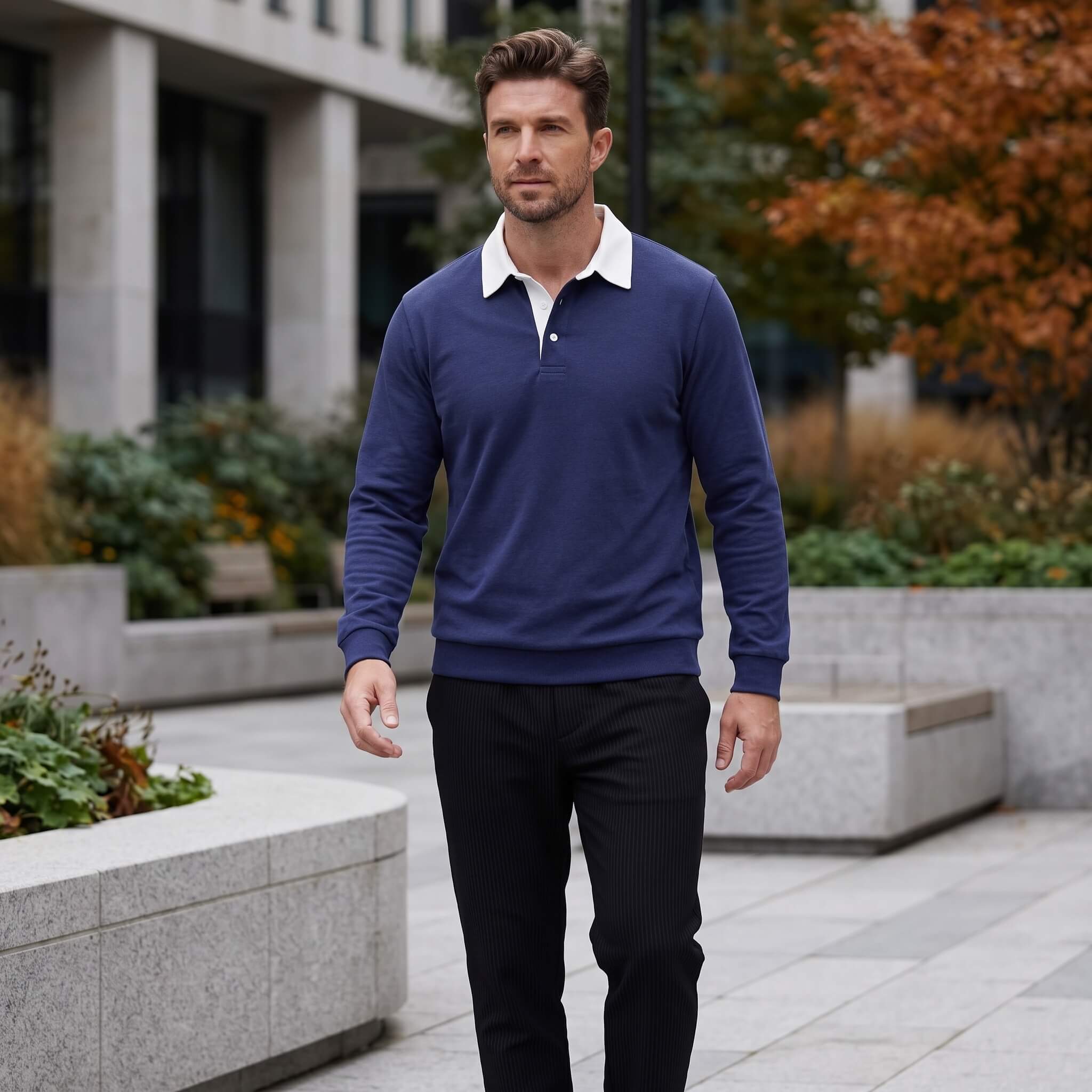 MannerCo navy blue polo collar hoodie loose fit worn outdoors with white collar and button closure