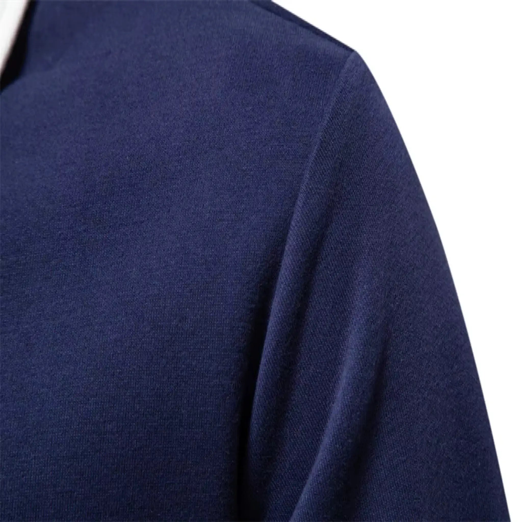 MannerCo navy blue polo collar hoodie patchwork detail close-up shoulder view