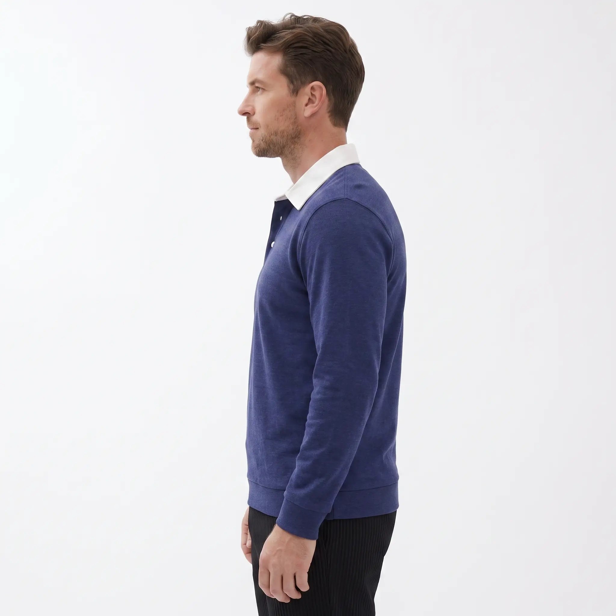 MannerCo navy blue polo collar hoodie side view with white collar and button closure on male model